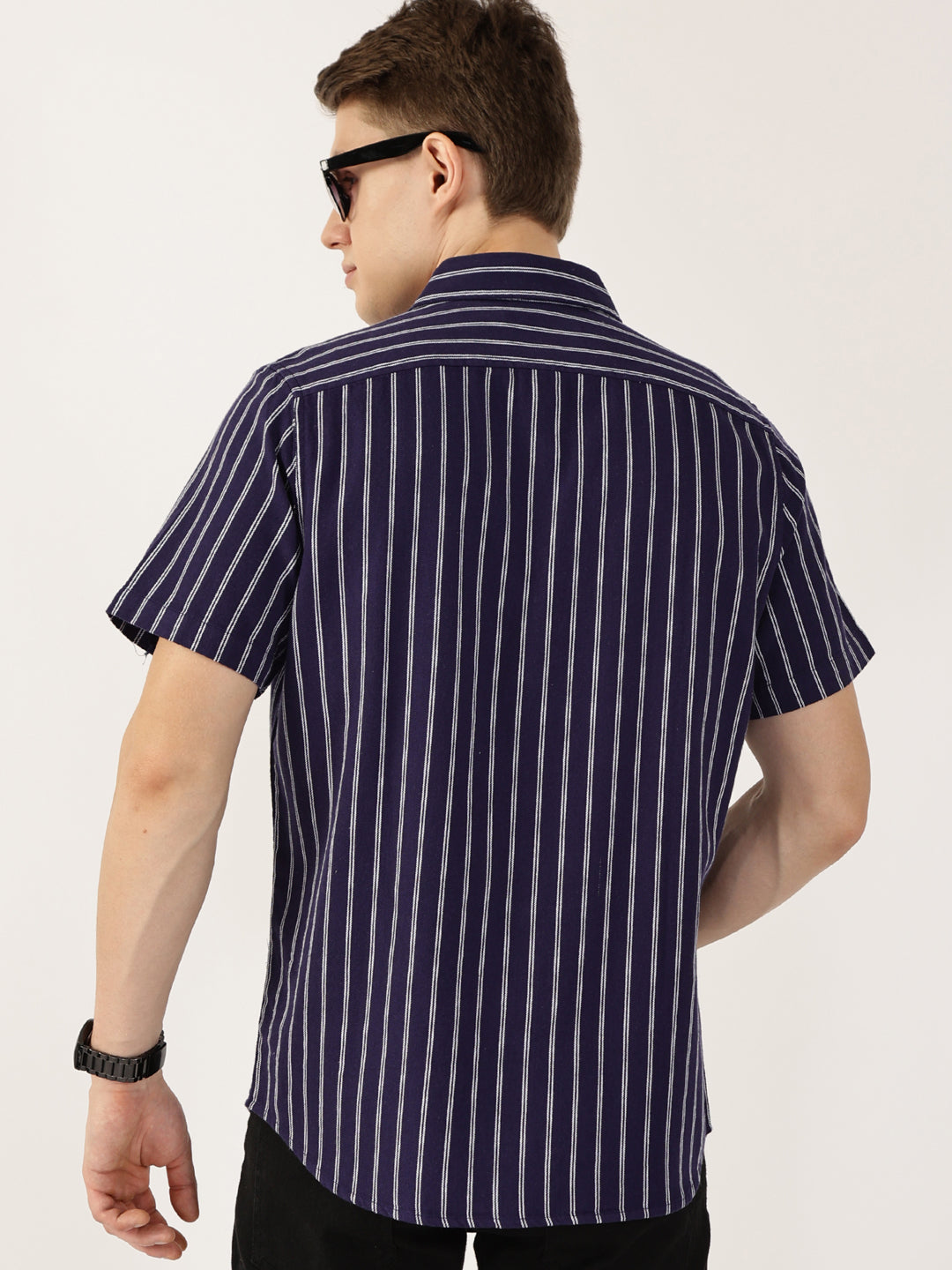 Thomas Scott Men Dark Blue Classic Slim Fit Striped Cotton Casual Shirt