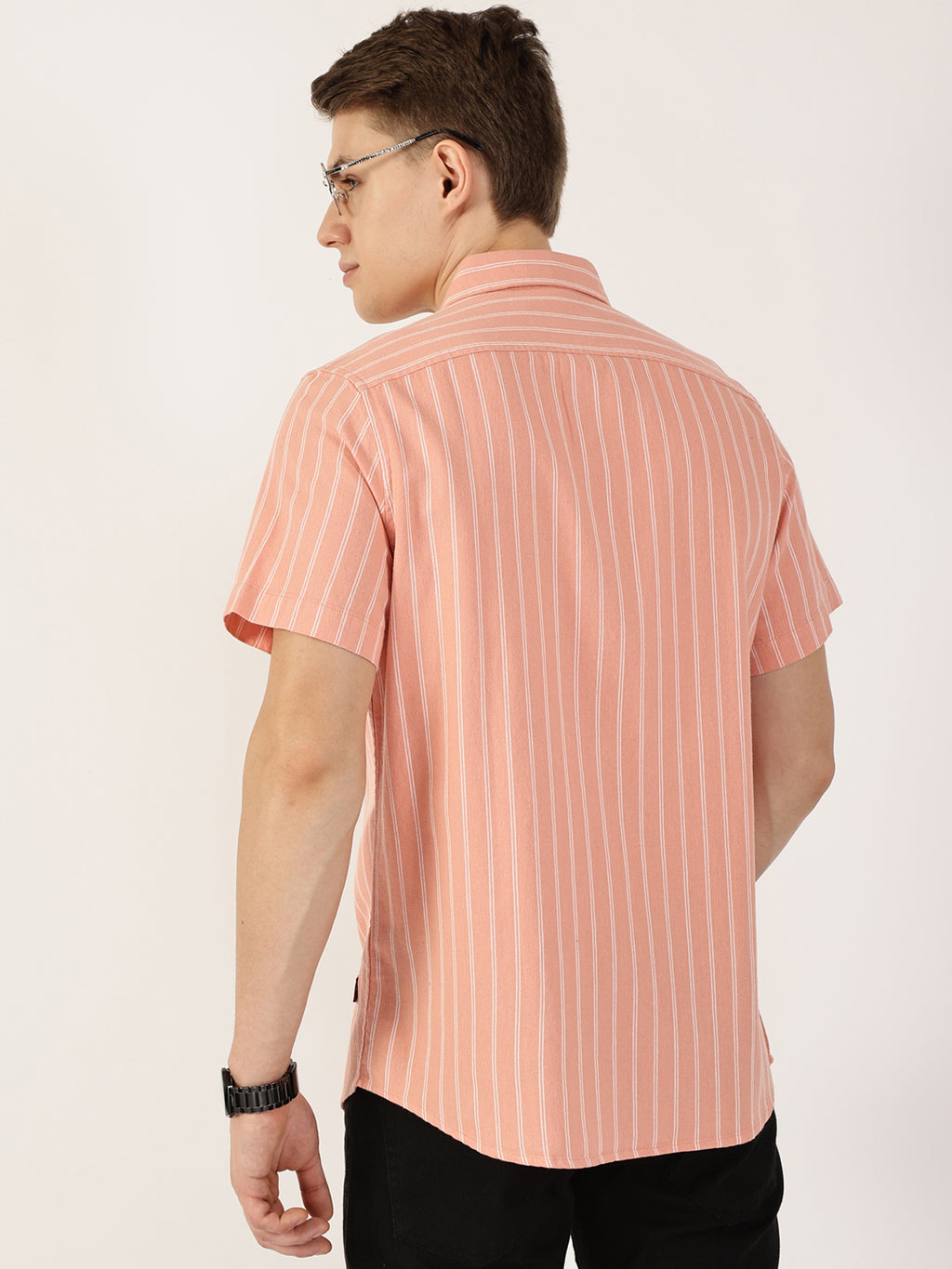 Thomas Scott Men Pink Classic Slim Fit Striped Cotton Casual Shirt