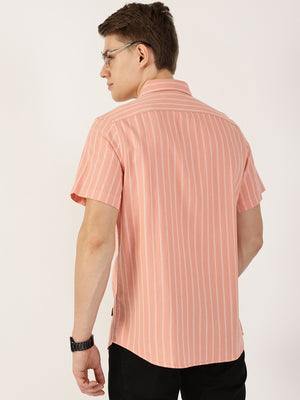 Pink Classic Slim Fit Striped Cotton Casual Shirt For Men