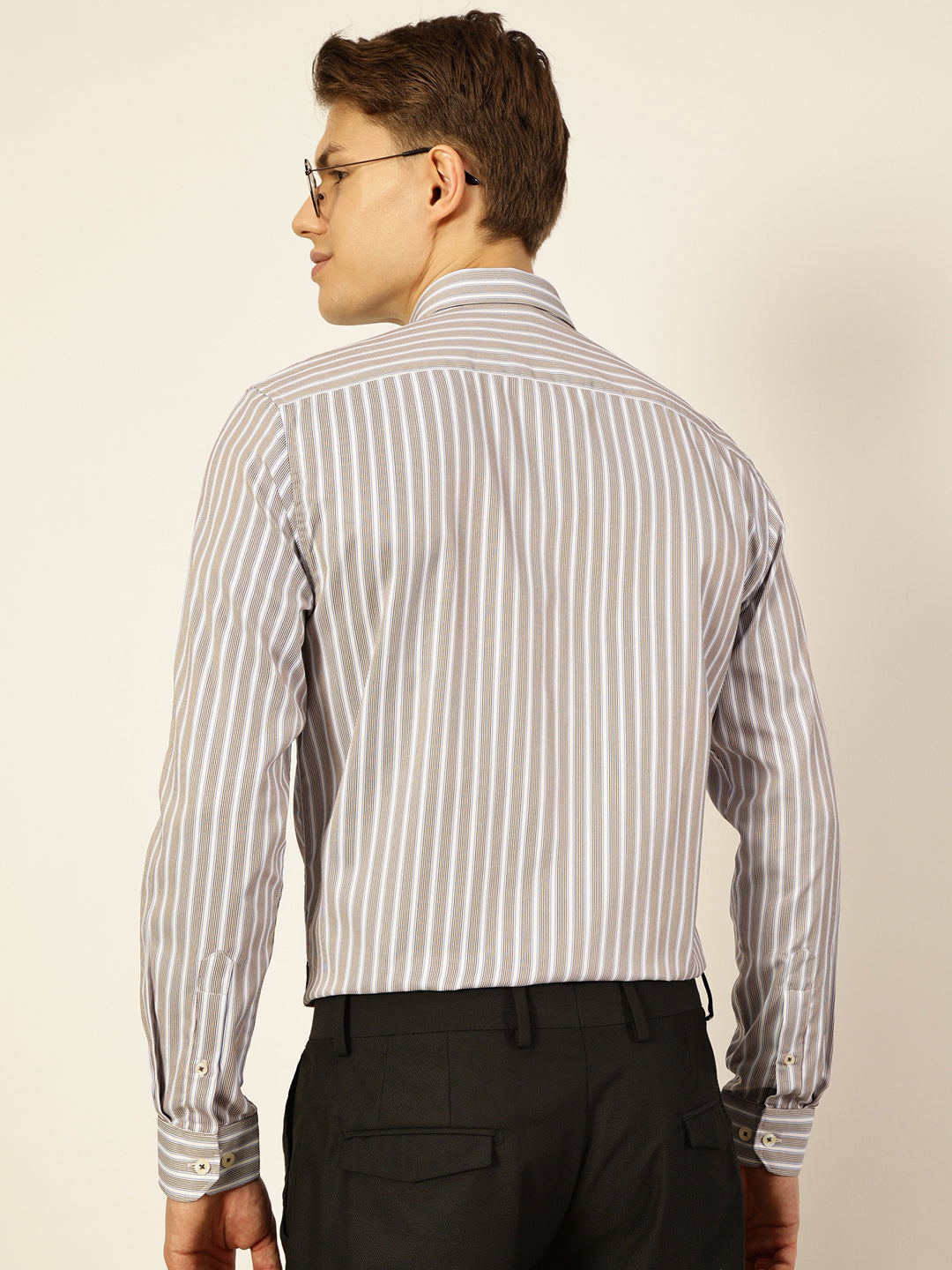 Thomas Scott Men Brown Smart Regular Fit Striped Cotton Formal Shirt
