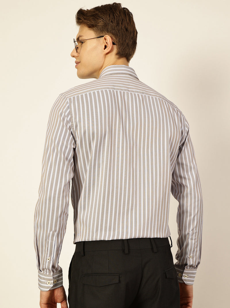 Thomas Scott Men Brown Smart Regular Fit Striped Cotton Formal Shirt
