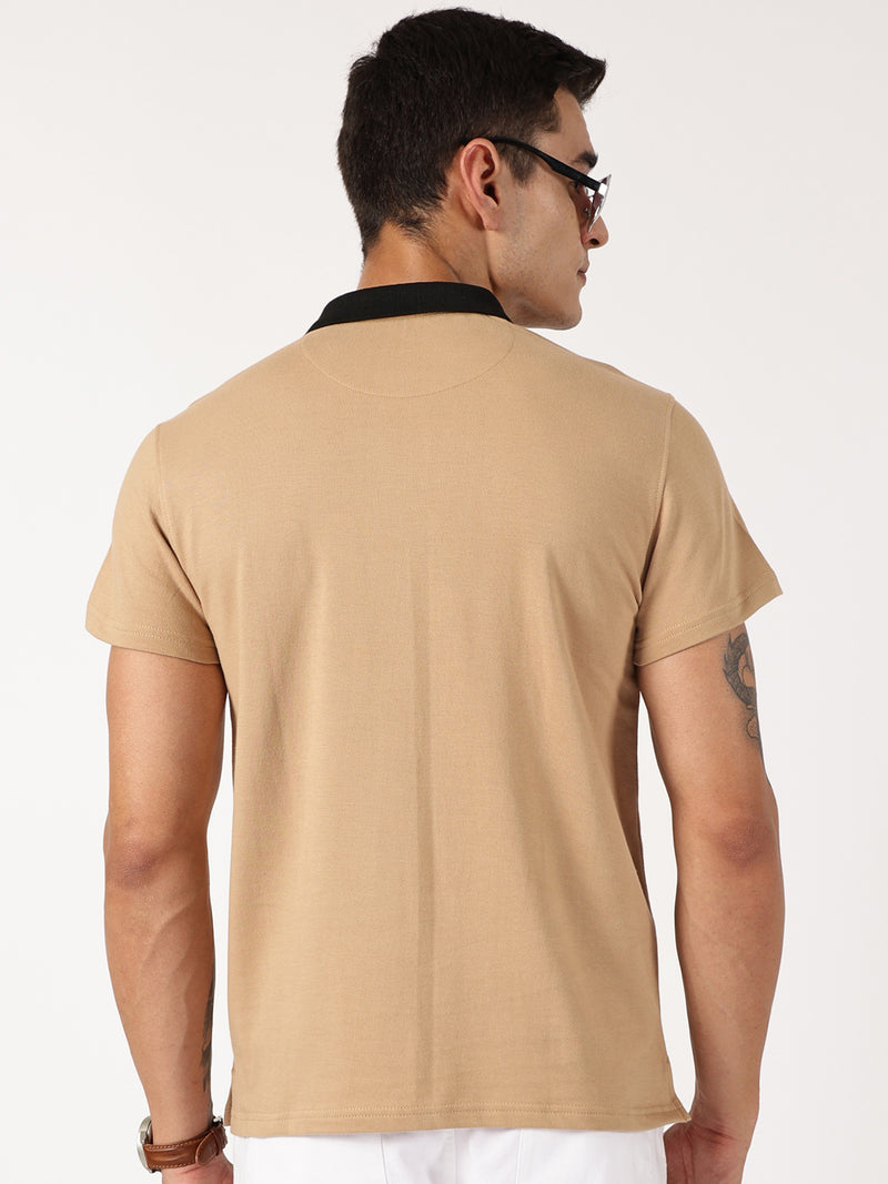Thomas Scott Men Beige Solid Polo Collar Cotton Knitted T-shirt