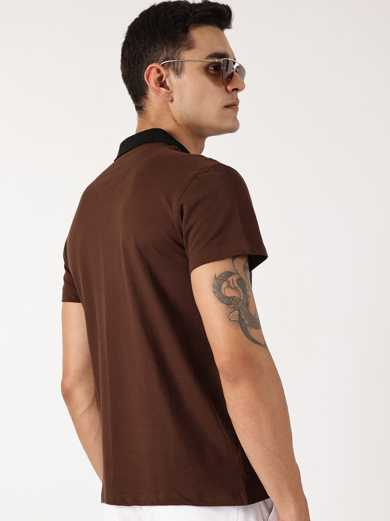 Thomas Scott Men Chocolate Solid Polo Collar Cotton Knitted T-shirt