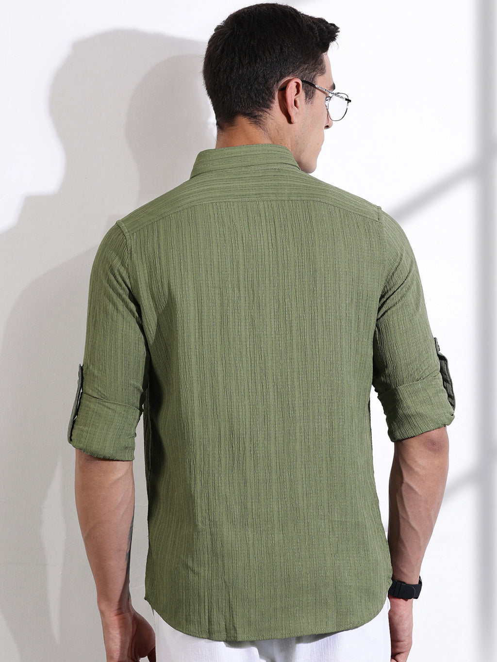 Thomas Scott Men Olive Slim Fit Long Sleeves Textured Casual Shirt