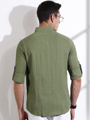 Thomas Scott Men Olive Slim Fit Long Sleeves Textured Casual Shirt