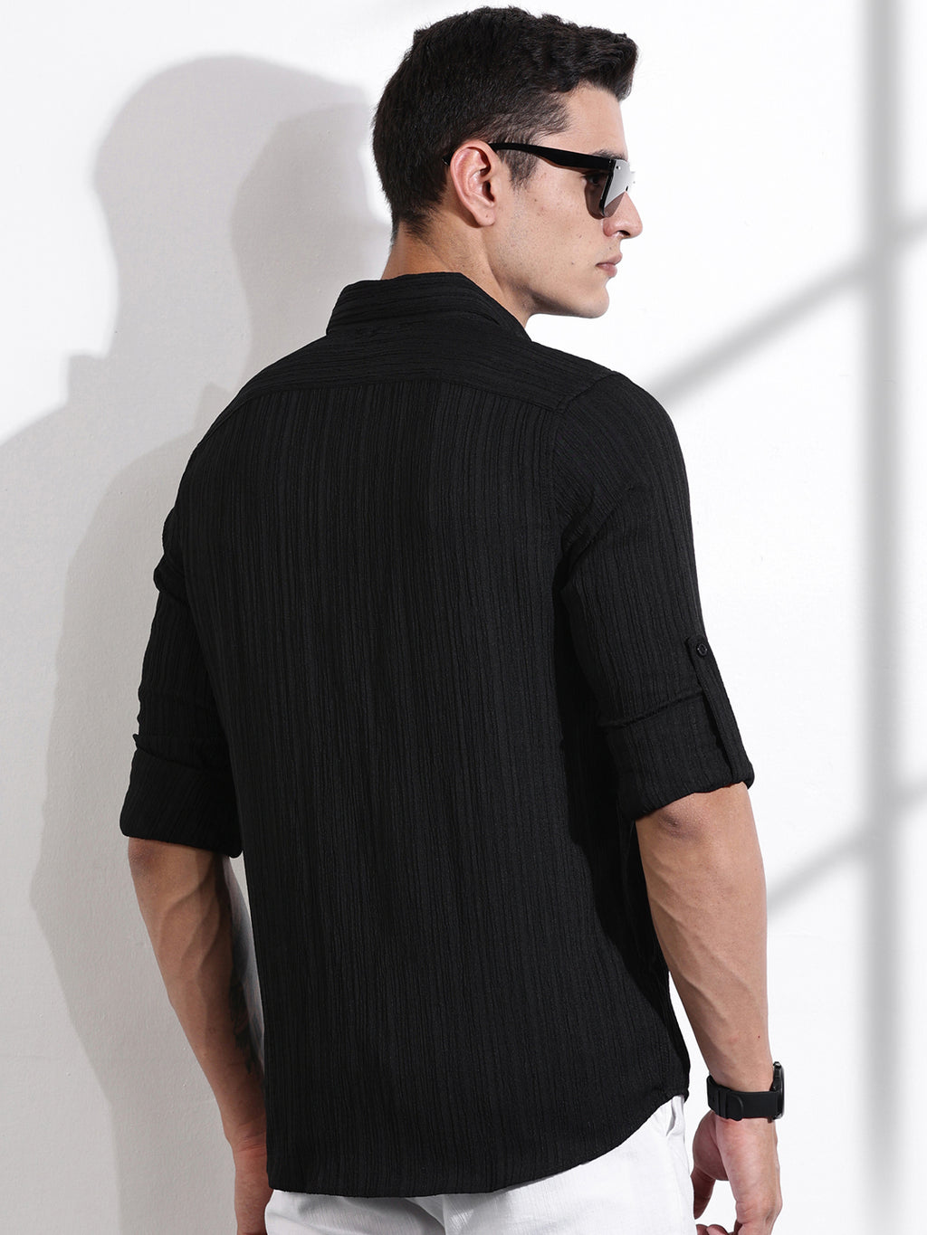 Thomas Scott Men Black Slim Fit Long Sleeves Textured Casual Shirt