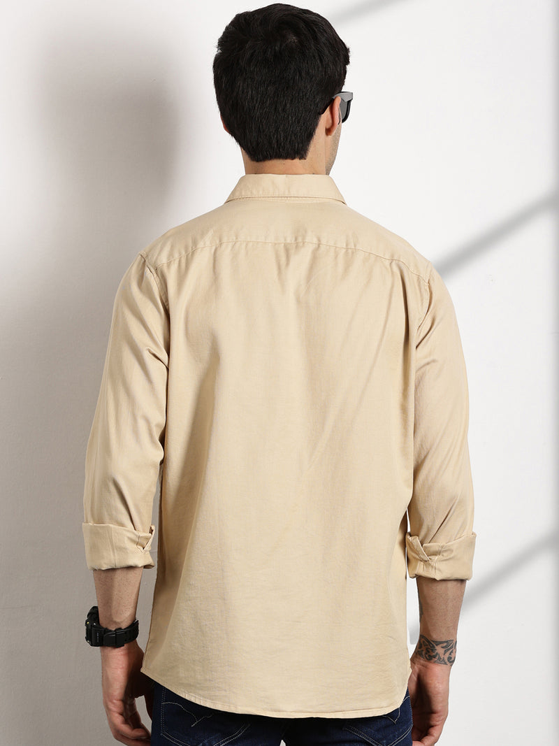 Thomas Scott Men Beige Slim Fit Long Sleeves Solid Cotton Casual Shirt
