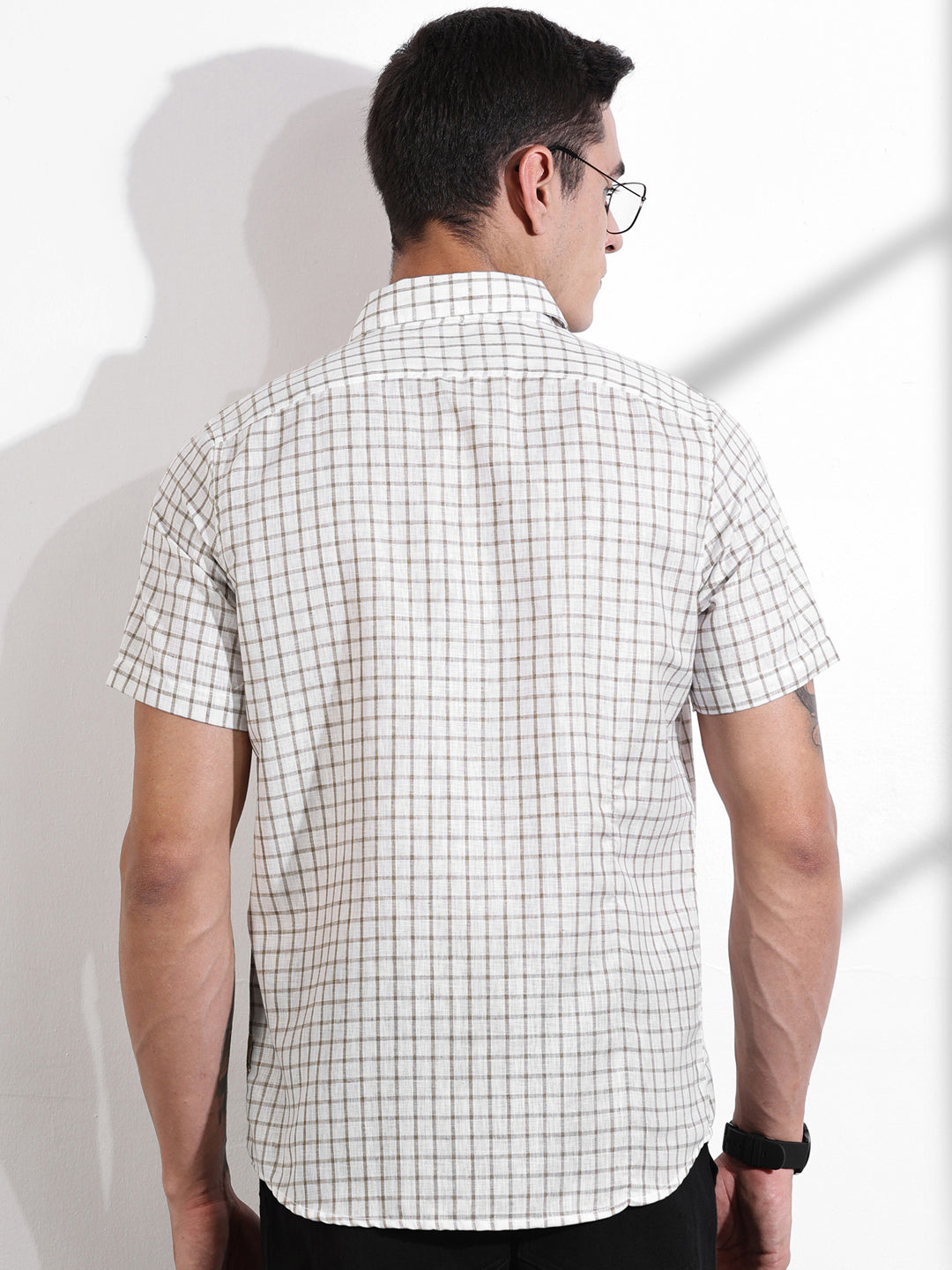 Thomas Scott Men Brown Slim Fit Gingham Checks Linen Casual Shirt