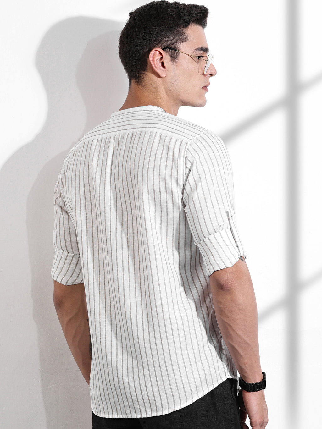 Thomas Scott Men Brown Slim Fit Vertical Stripes Linen Casual Shirt