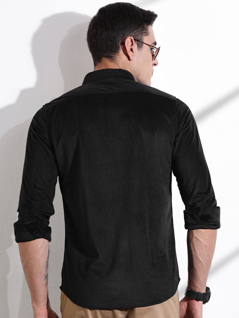 Thomas Scott Men Black Slim Fit Long Sleeves Self-Structured Velvet Casual Shirt
