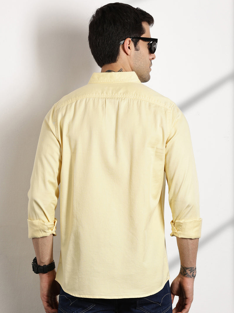 Thomas Scott Men Yellow Button Down Collar Slim Fit Solid Cotton Casual Shirt