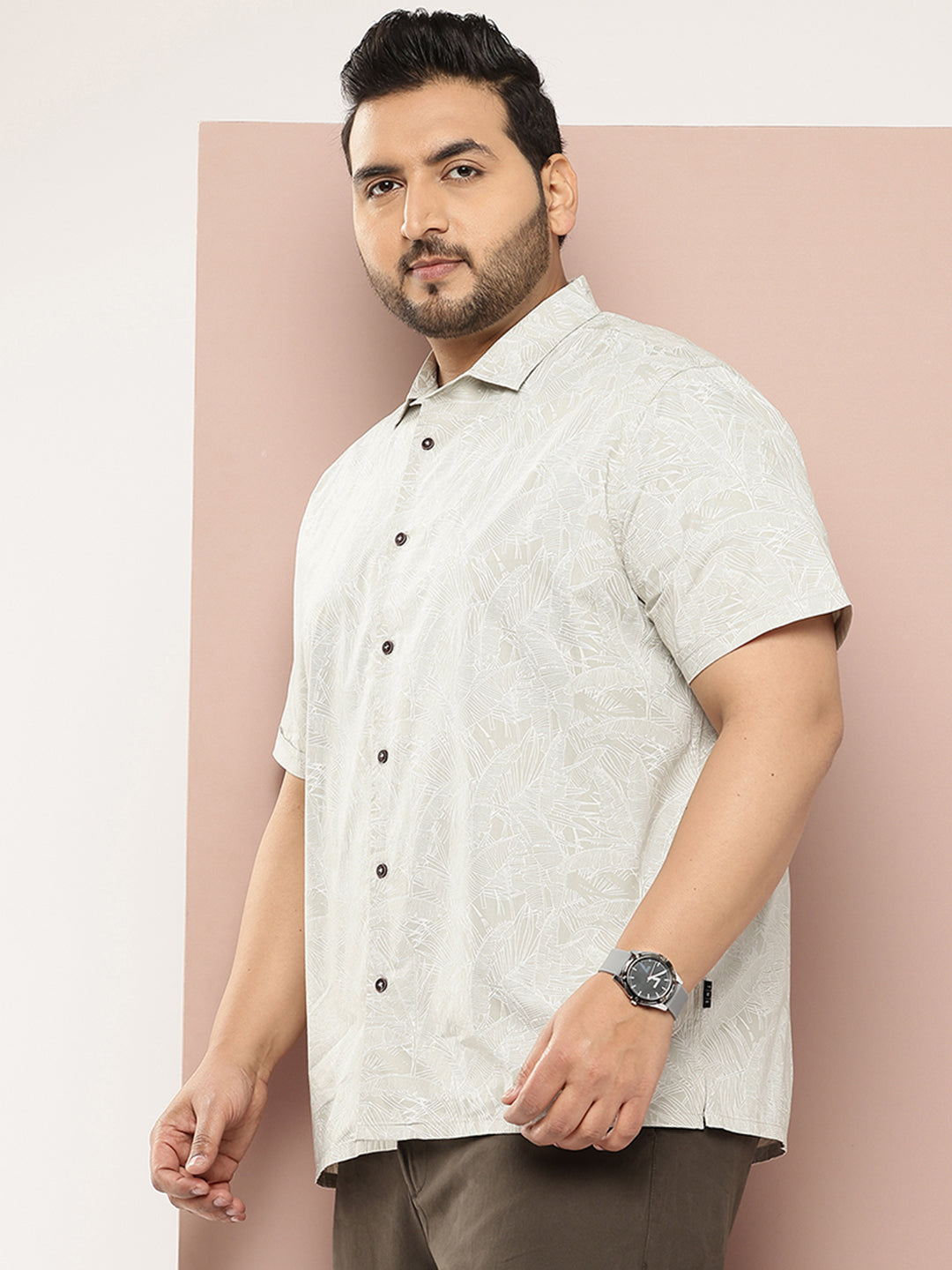 Thomas Scott Men Cream Plus Size Regular Fit Short Sleeves Floral Printed Casual Shirt