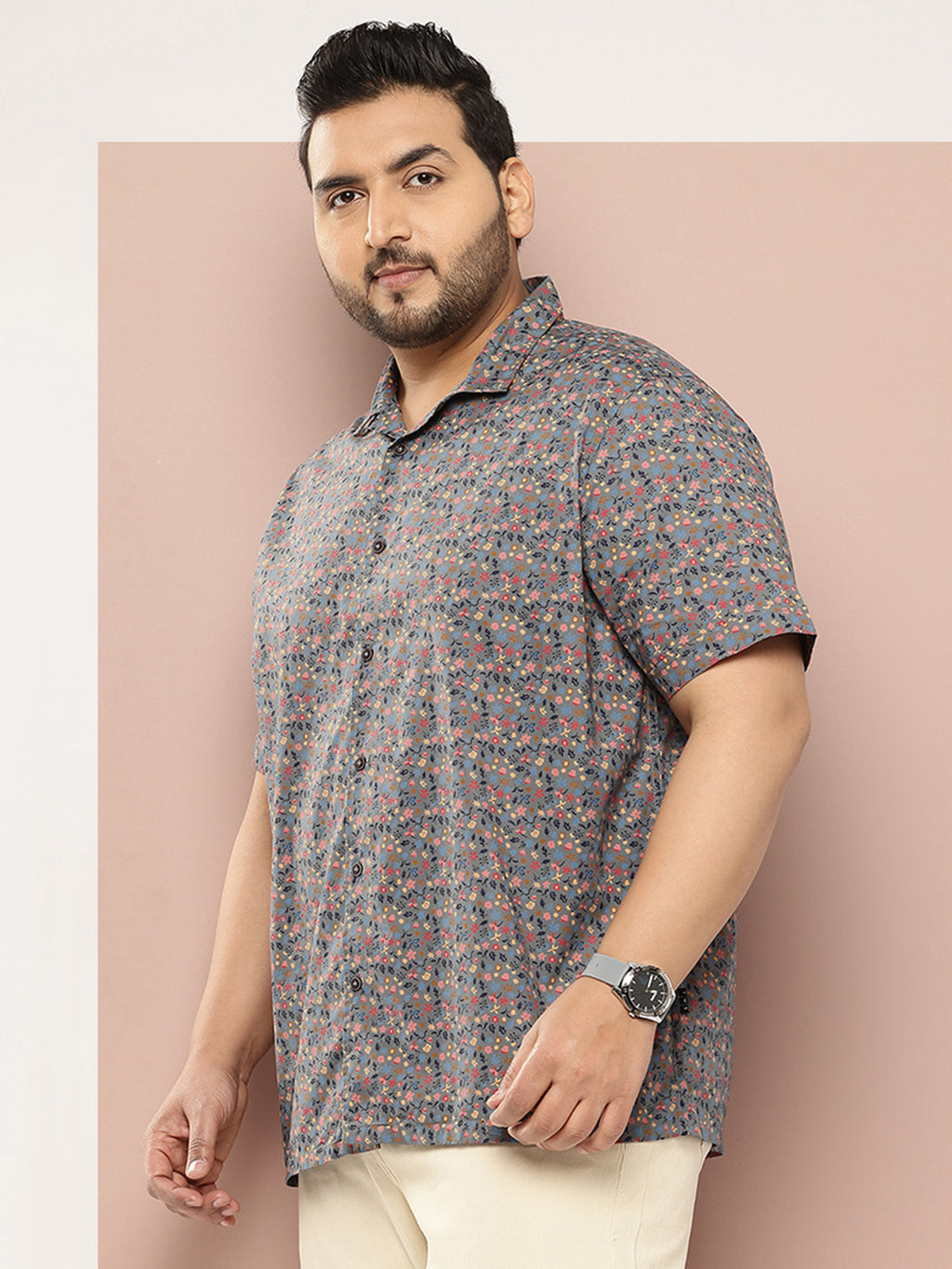 Thomas Scott Men Grey Plus Size Regular Fit Short Sleeves Floral Printed Casual Shirt