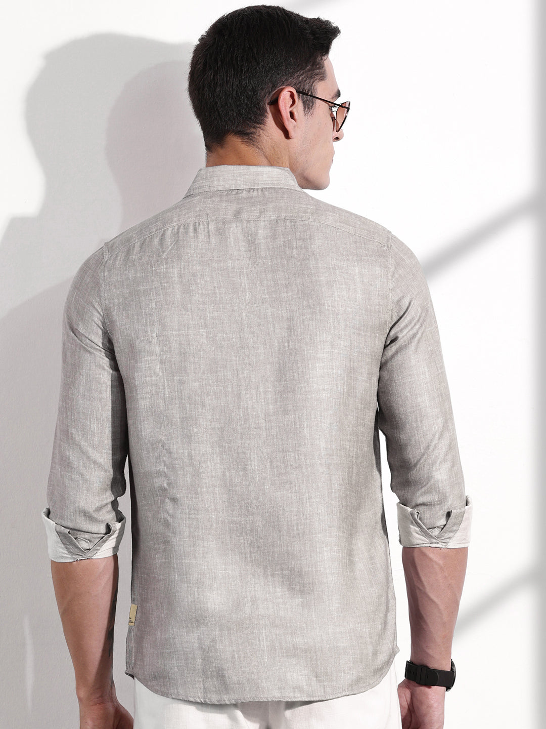 Thomas Scott Men Grey Slim Fit Long Sleeves Linen Casual Shirt