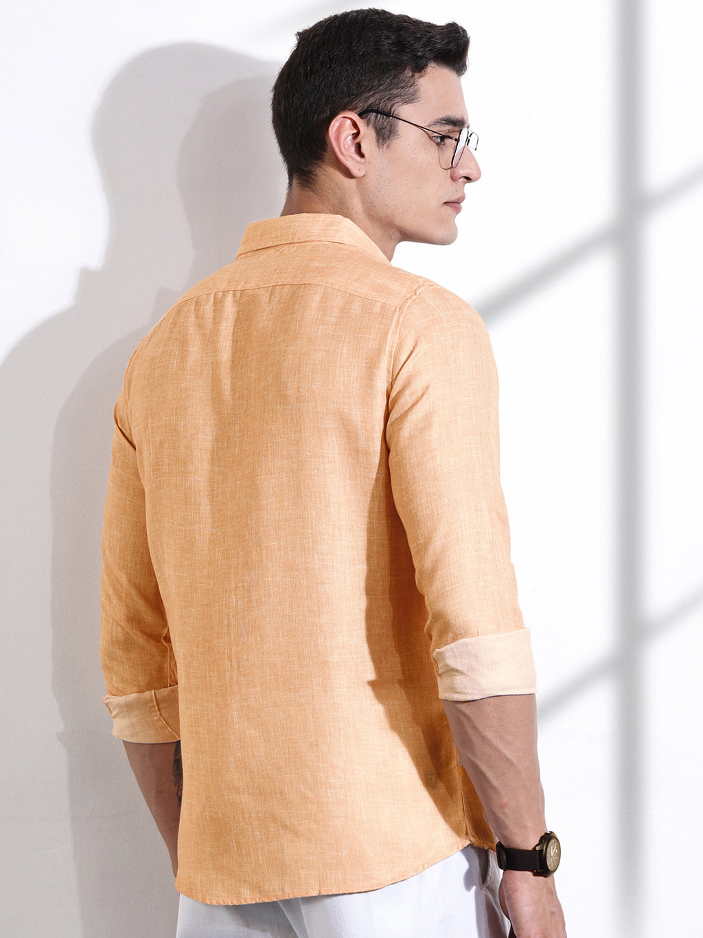 Thomas Scott Men Orange Slim Fit Long Sleeves Linen Casual Shirt