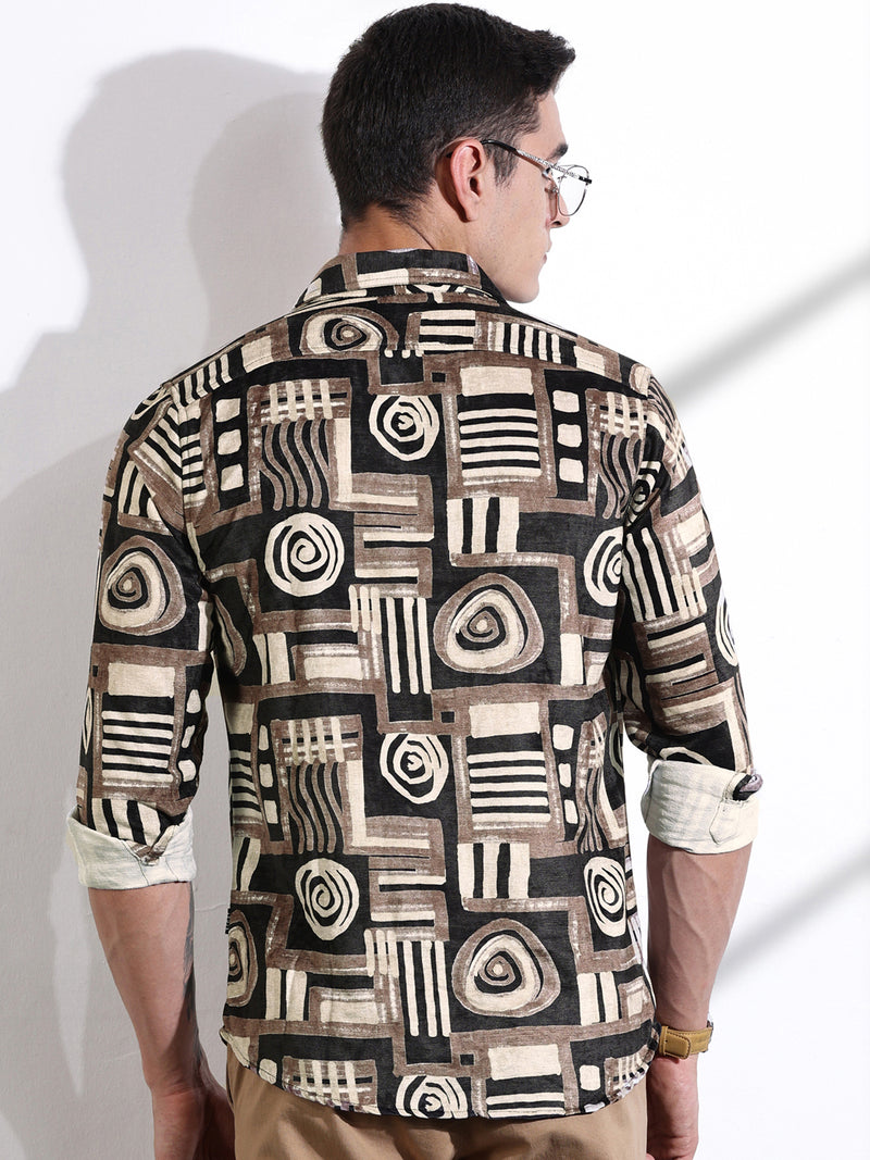 Thomas Scott Men Brown Slim Fit Long Sleeves Abstract Printed Casual Shirt