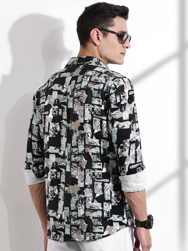 Thomas Scott Men Black Slim Fit Long Sleeves Abstract Printed Casual Shirt
