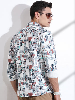 Thomas Scott Men White Slim Fit Long Sleeves Abstract Printed Casual Shirt