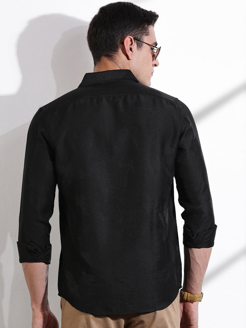 Thomas Scott Men Black Slim Fit Long Sleeves Solid Self Design Casual Shirt