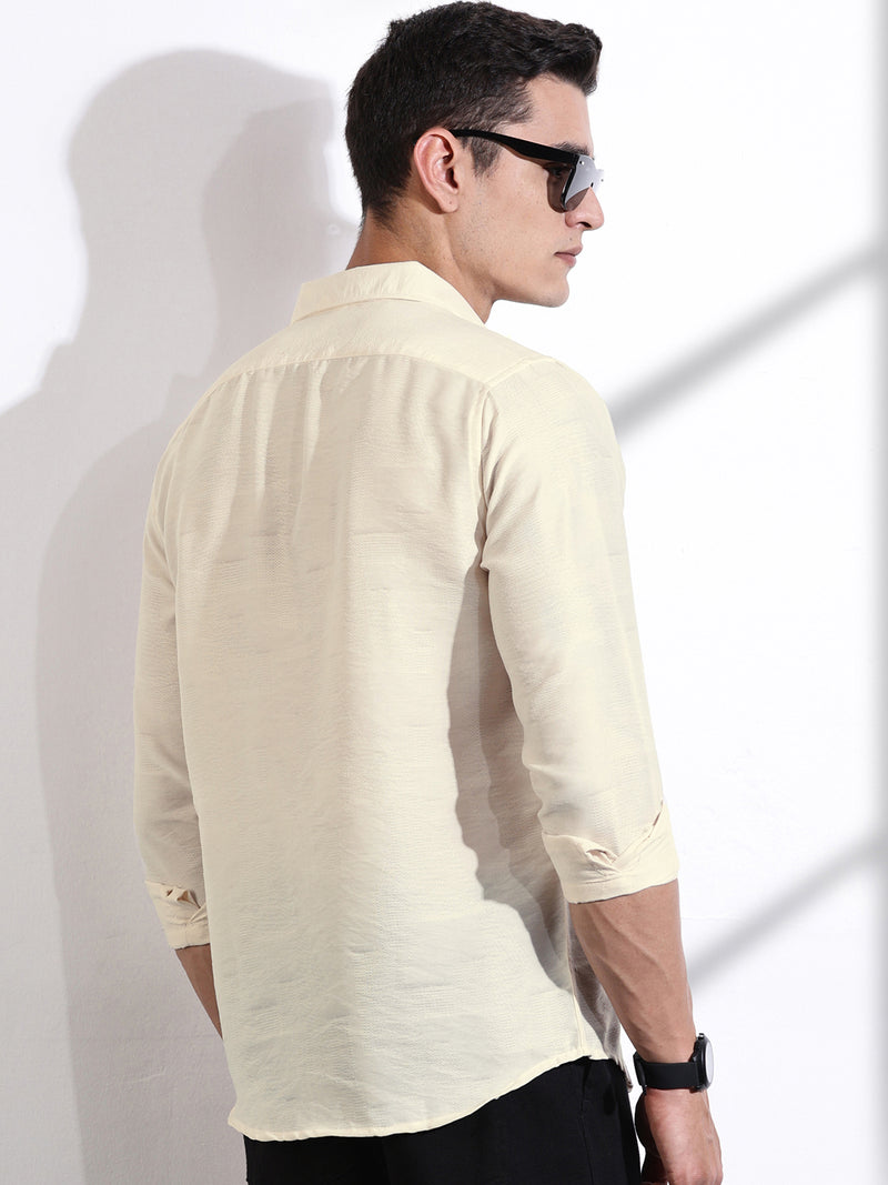 Thomas Scott Men Cream Slim Fit Long Sleeves Solid Self Design Casual Shirt