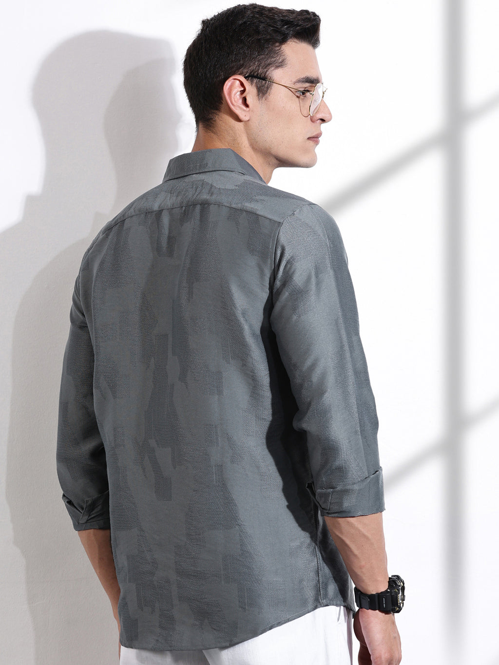 Thomas Scott Men Grey Slim Fit Long Sleeves Solid Self Design Casual Shirt