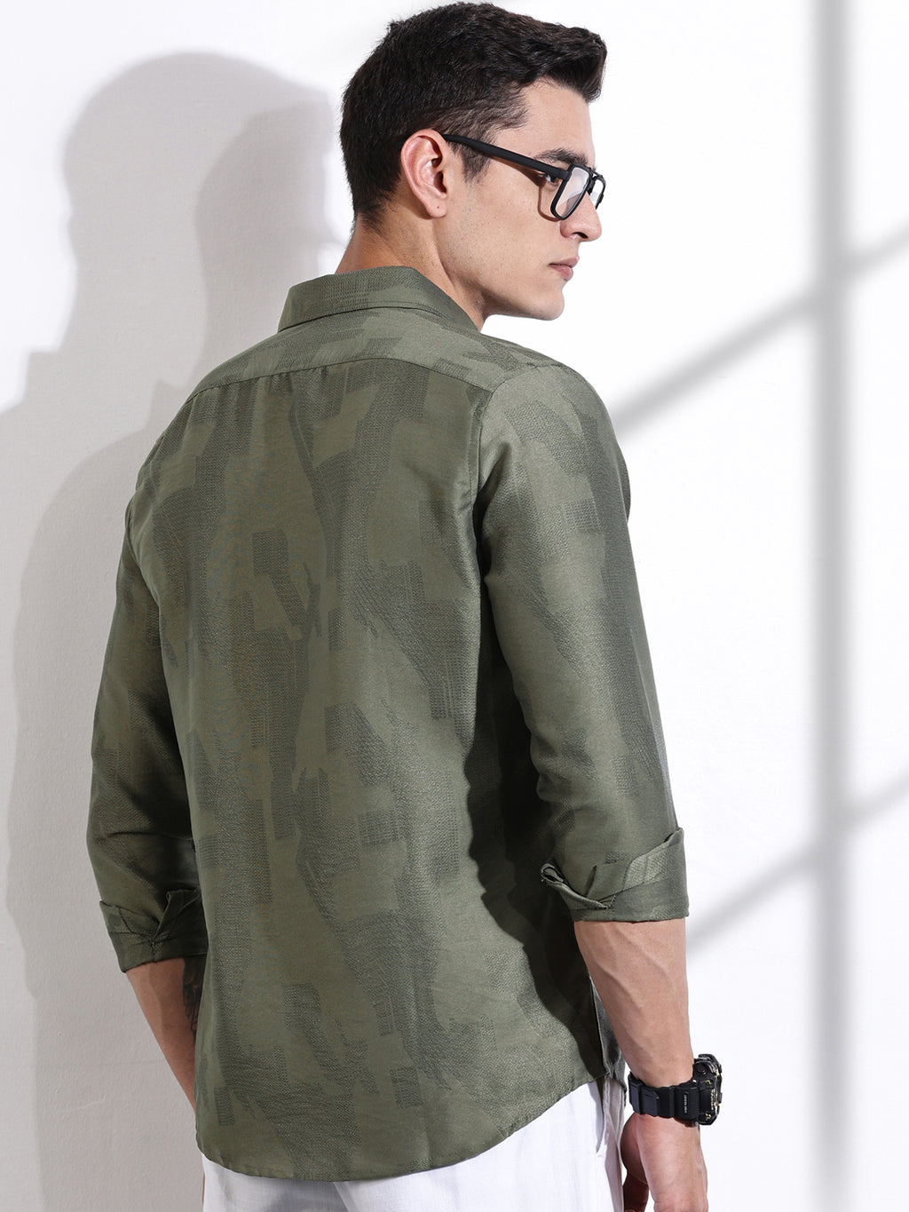 Thomas Scott Men Olive Slim Fit Long Sleeves Solid Self Design Casual Shirt
