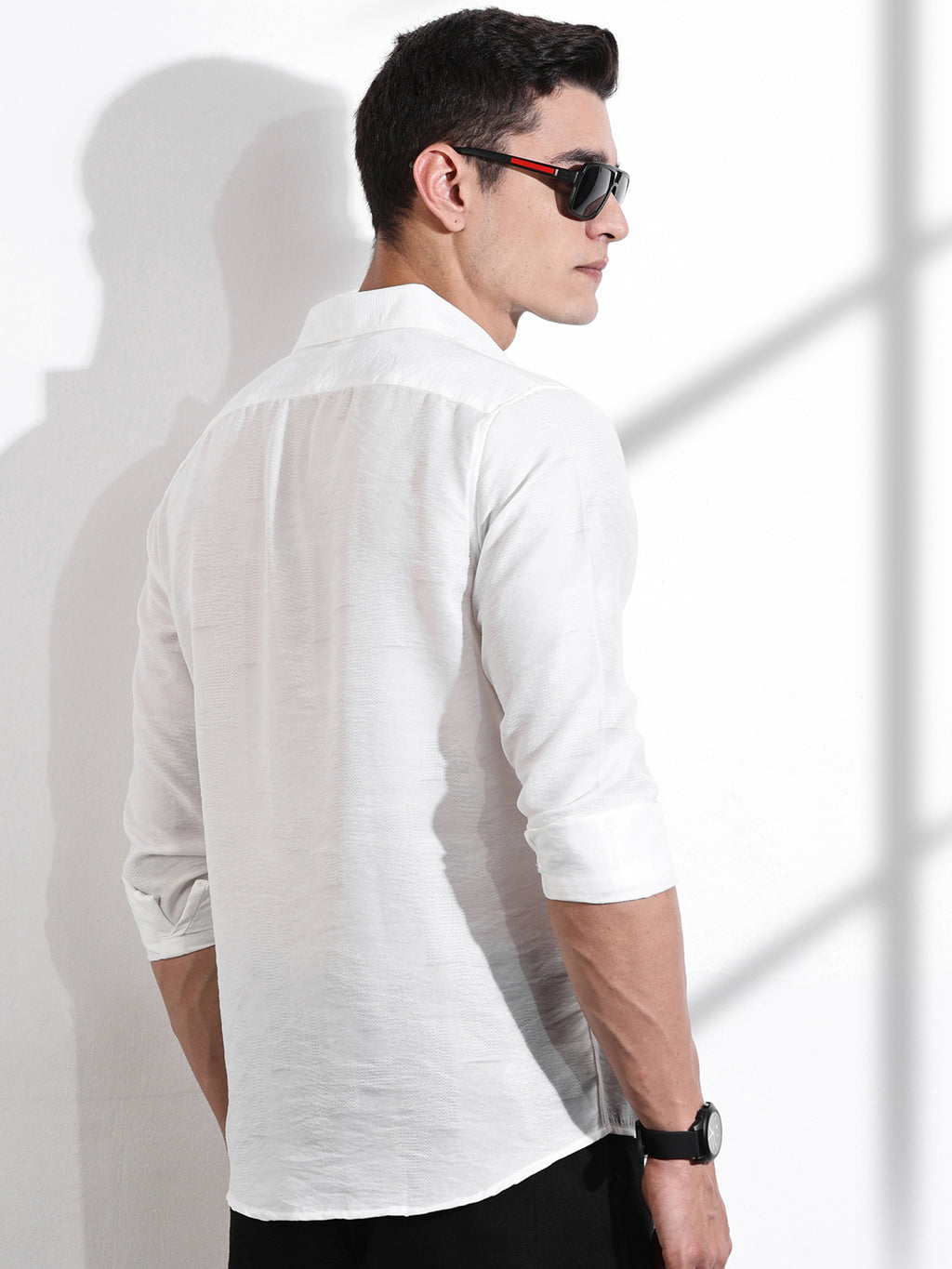 Thomas Scott Men White Slim Fit Long Sleeves Solid Self Design Casual Shirt