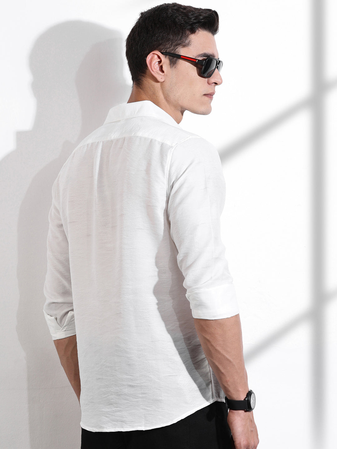 Thomas Scott Men White Slim Fit Long Sleeves Solid Self Design Casual Shirt