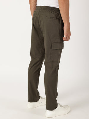 Thomas Scott Men Olive Mid-Rise Straight Fit Cotton Linen Woven Cargos Trouser