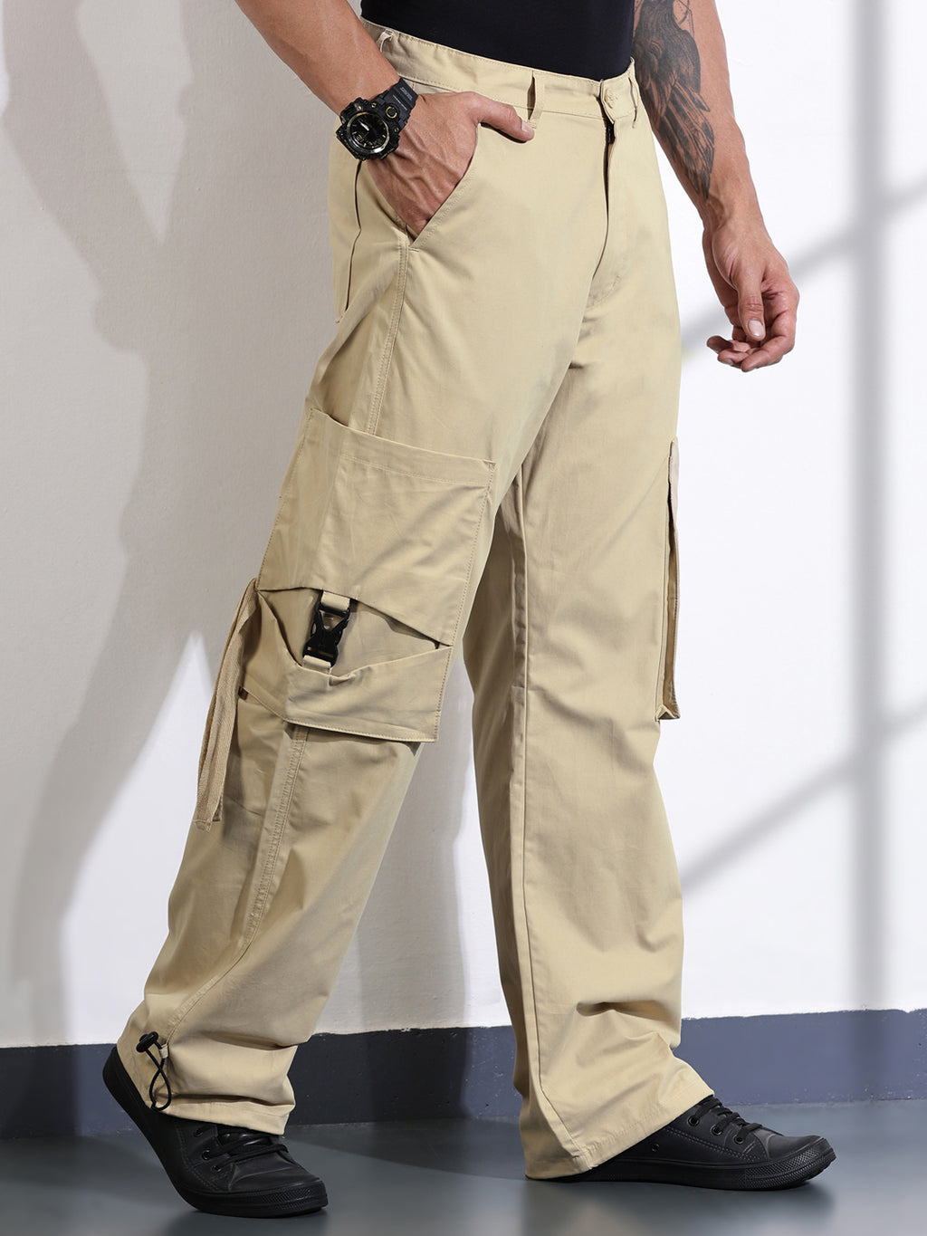 Thomas Scott Men Khaki Cotton Mid-Rise Original Cargo Trouser
