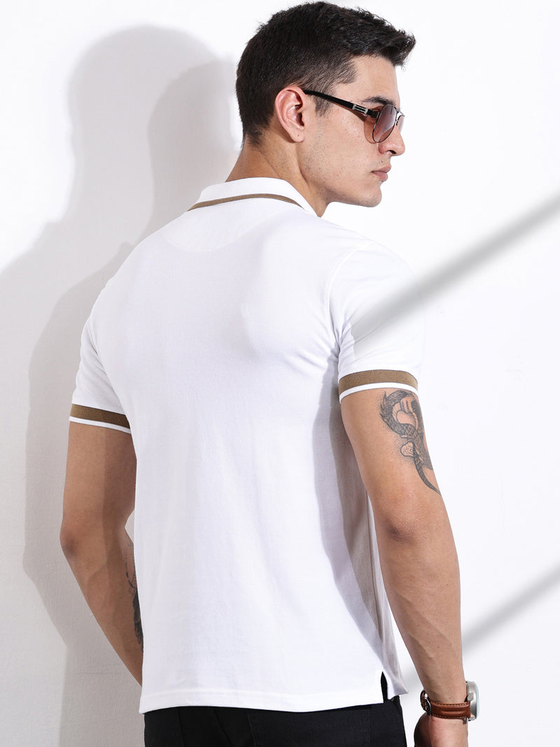 Thomas Scott Men White Striped Polo Collar Cotton T-shirt