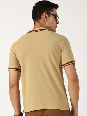 Thomas Scott Men Beige Solid Polo Collar Cotton T-shirt