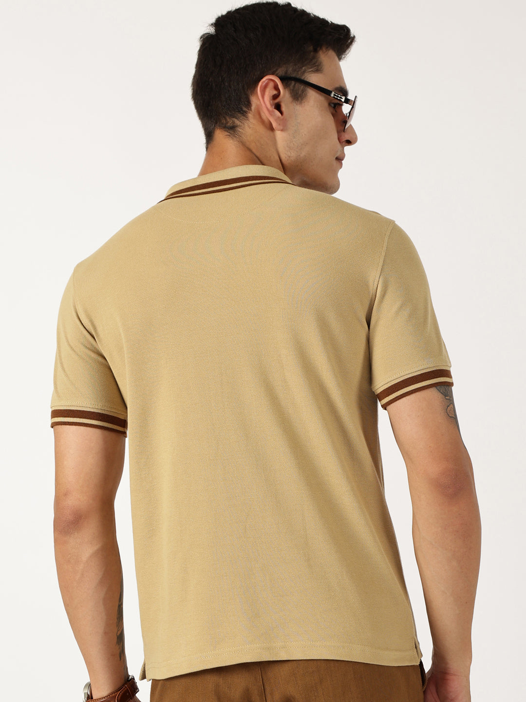Thomas Scott Men Beige Solid Polo Collar Cotton T-shirt