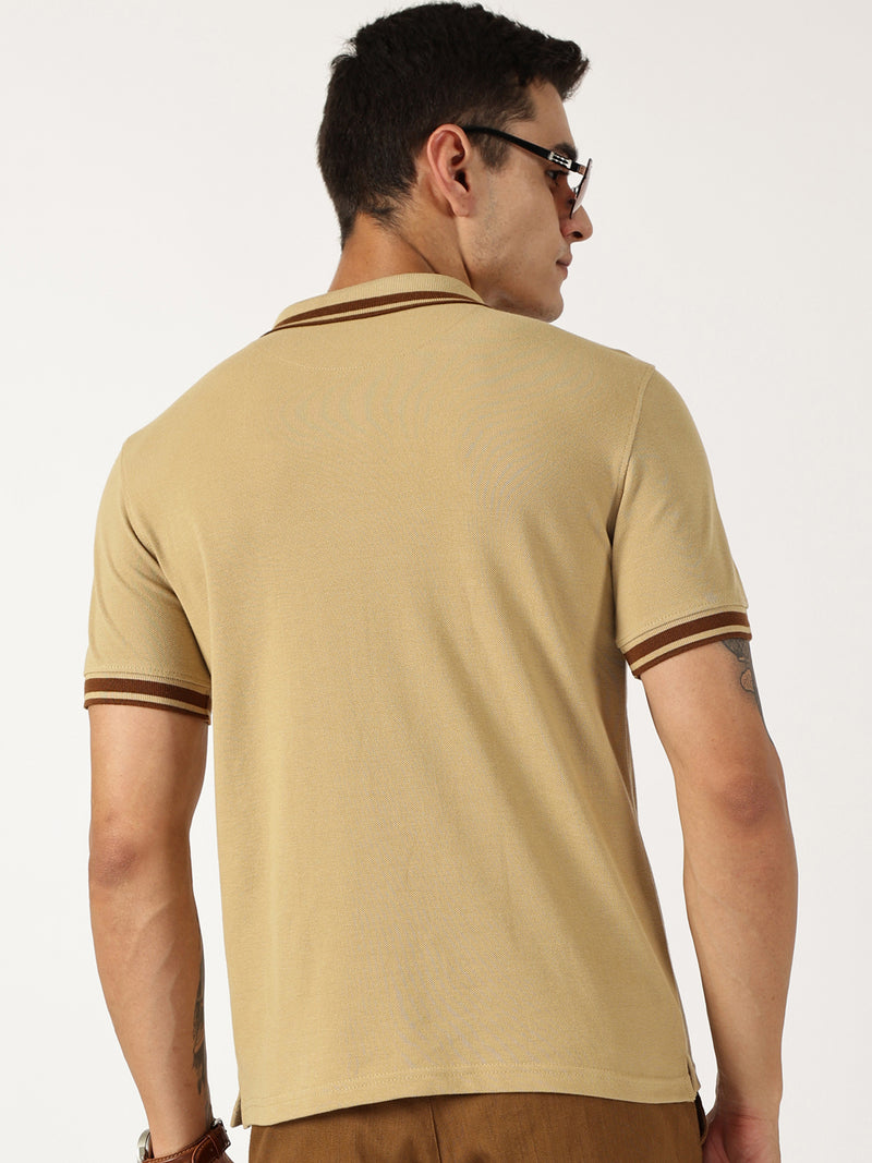 Thomas Scott Men Beige Solid Polo Collar Cotton T-shirt