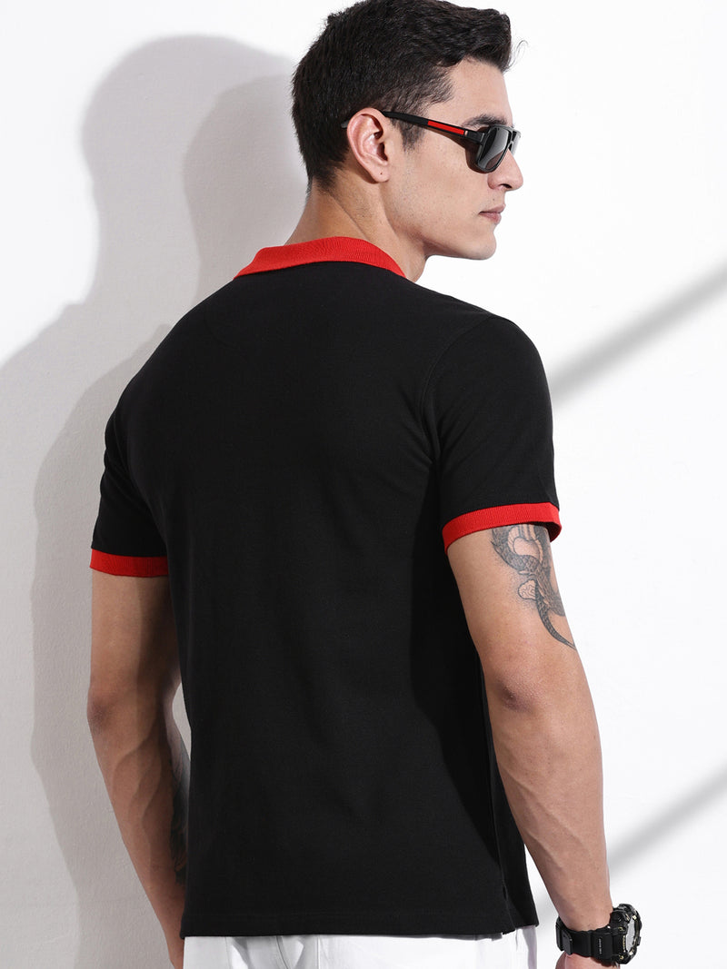 Thomas Scott Men Black Polo Collar Applique T-shirt