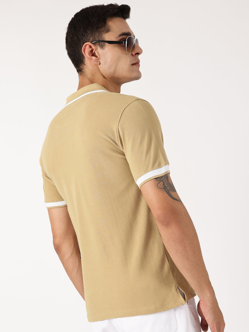 Thomas Scott Men Beige Solid Polo Collar Cotton T-shirt