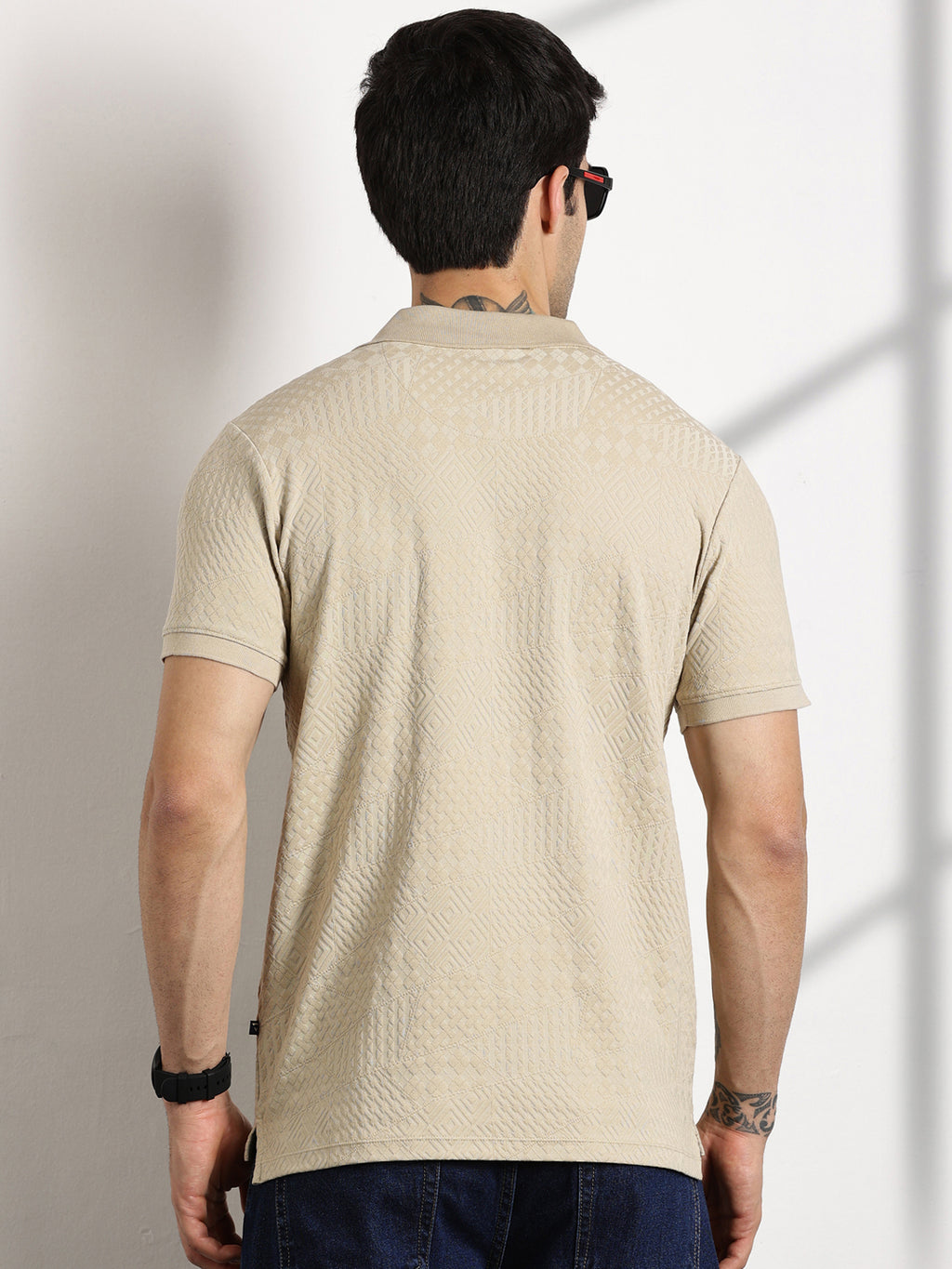 Thomas Scott Men Beige Textured Polo Collar T-shirt