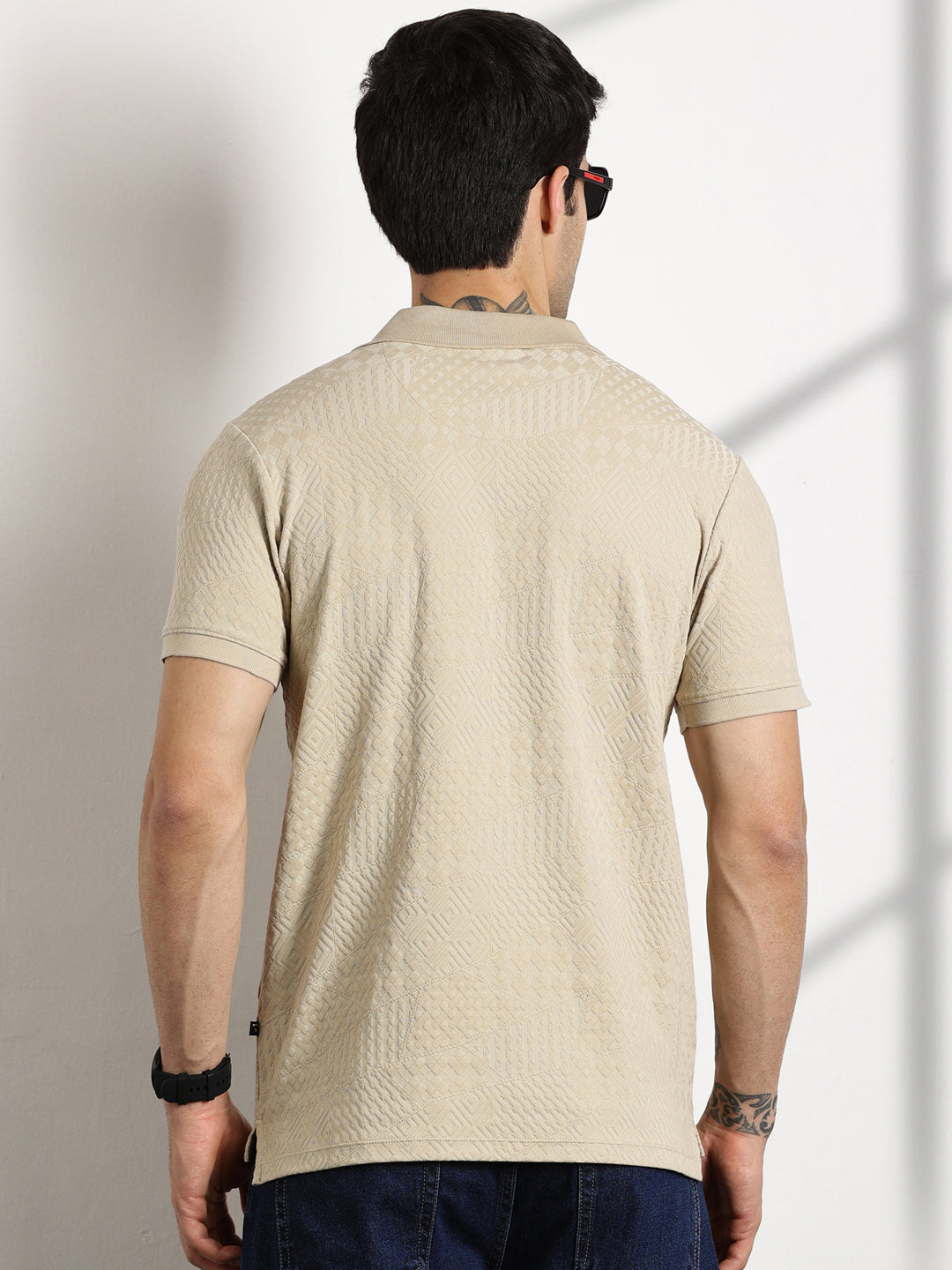 Thomas Scott Men Beige Textured Polo Collar T-shirt