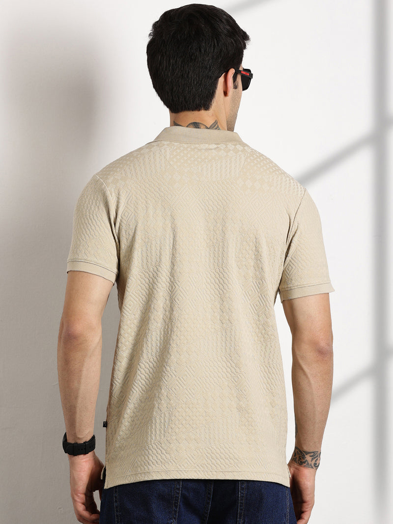 Thomas Scott Men Beige Textured Polo Collar T-shirt