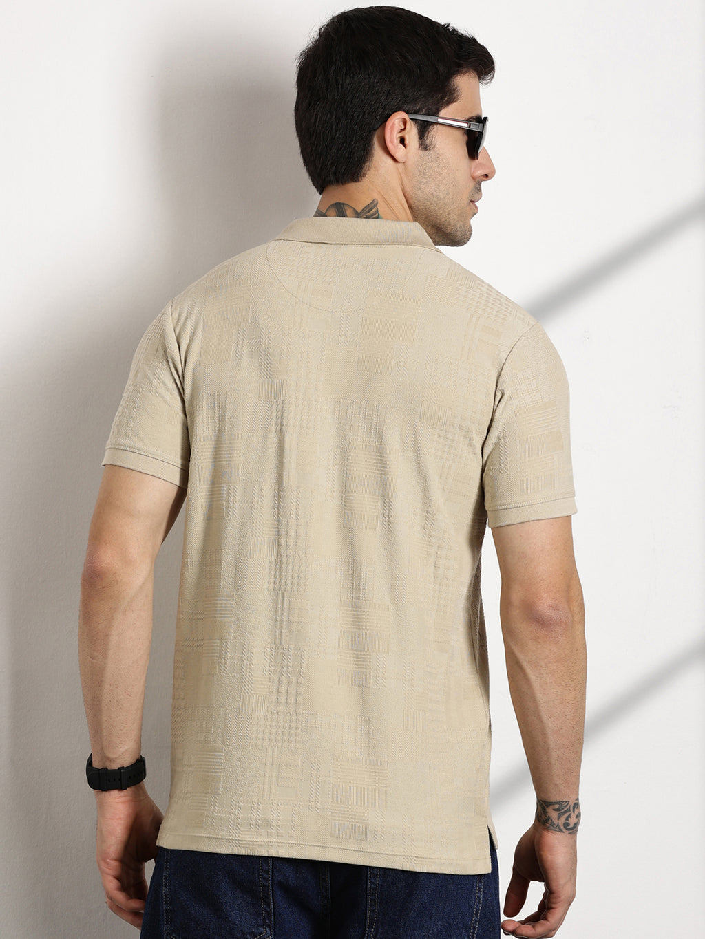 Thomas Scott Men Beige Textured Polo Collar Regular Fit T-shirt