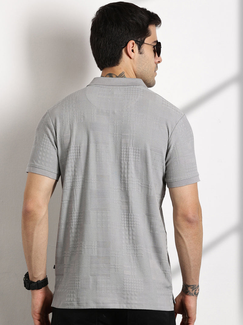 Thomas Scott Men Grey Textured Polo Collar Regular Fit T-shirt