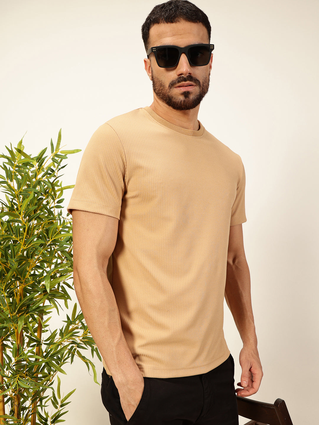 Khaki Anti Odour Solid Round Neck T-Shirt