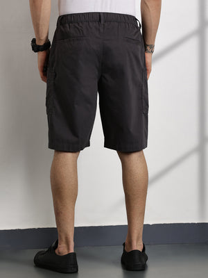 Dark Grey Relaxed Fit Mid-Rise Solid 100% Cotton Woven Cargo Shorts For Men