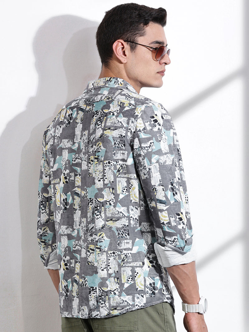 Thomas Scott Men Grey Slim Fit Long Sleeves Abstract Printed Casual Shirt