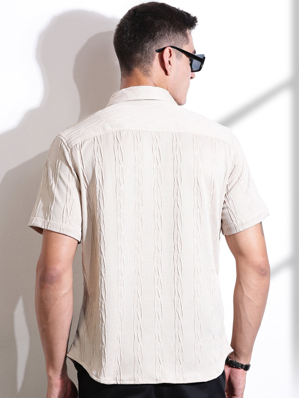 Thomas Scott Men Beige Oversized Textured Knitted Casual Shirt