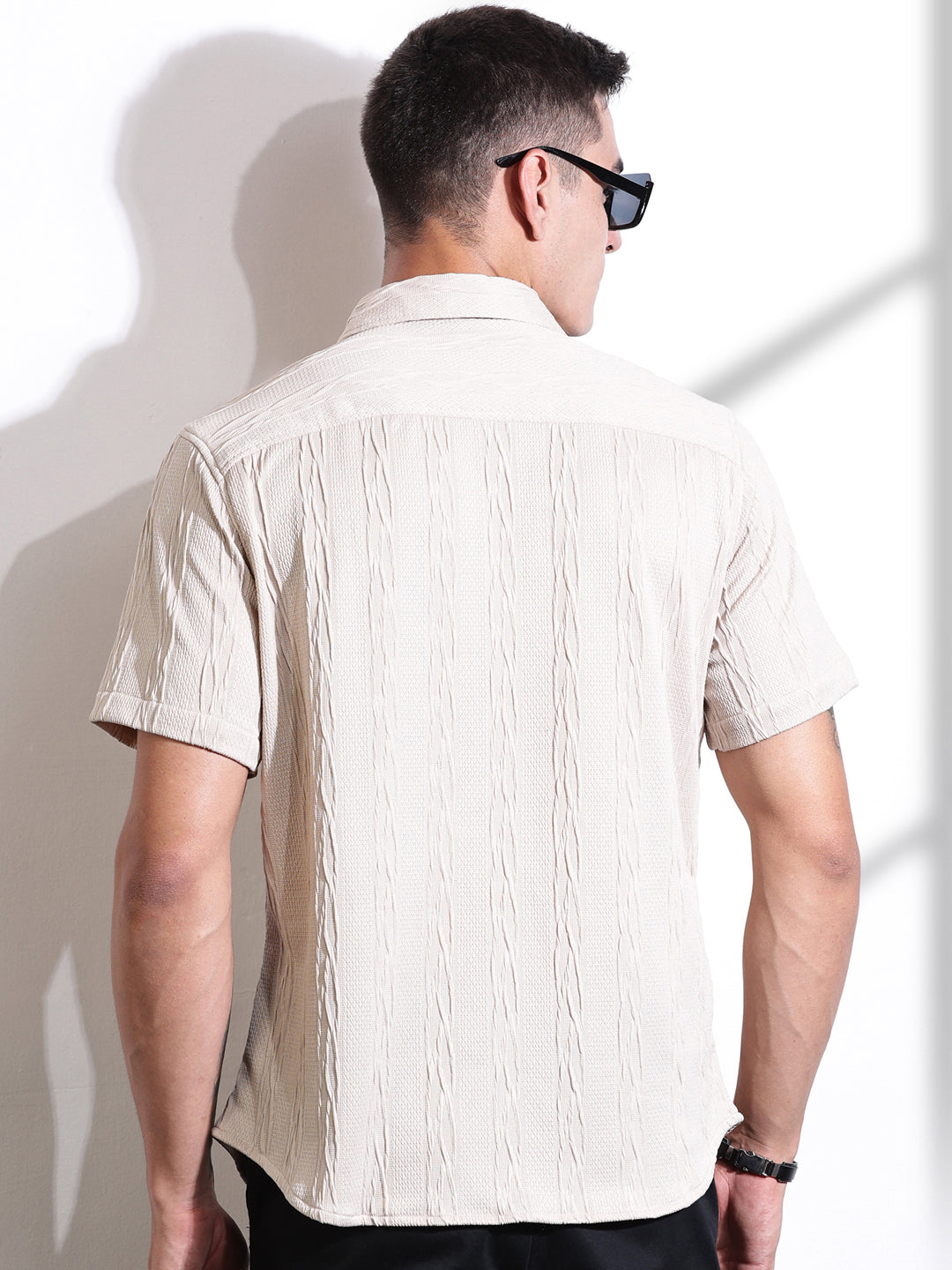 Thomas Scott Men Beige Oversized Textured Knitted Casual Shirt