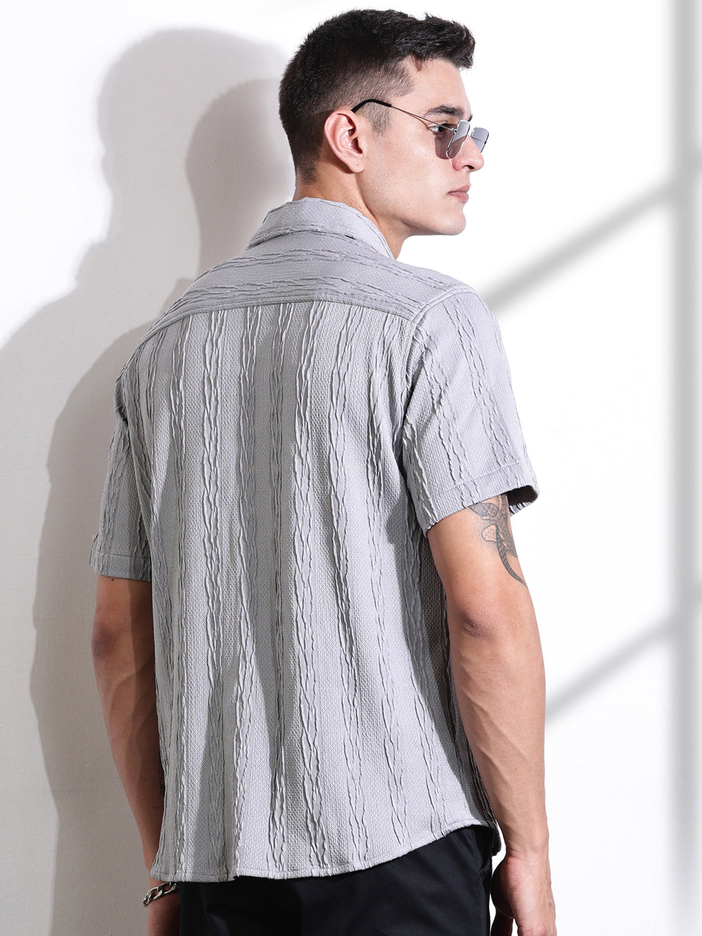 Thomas Scott Men Grey Oversized Textured Knitted Casual Shirt