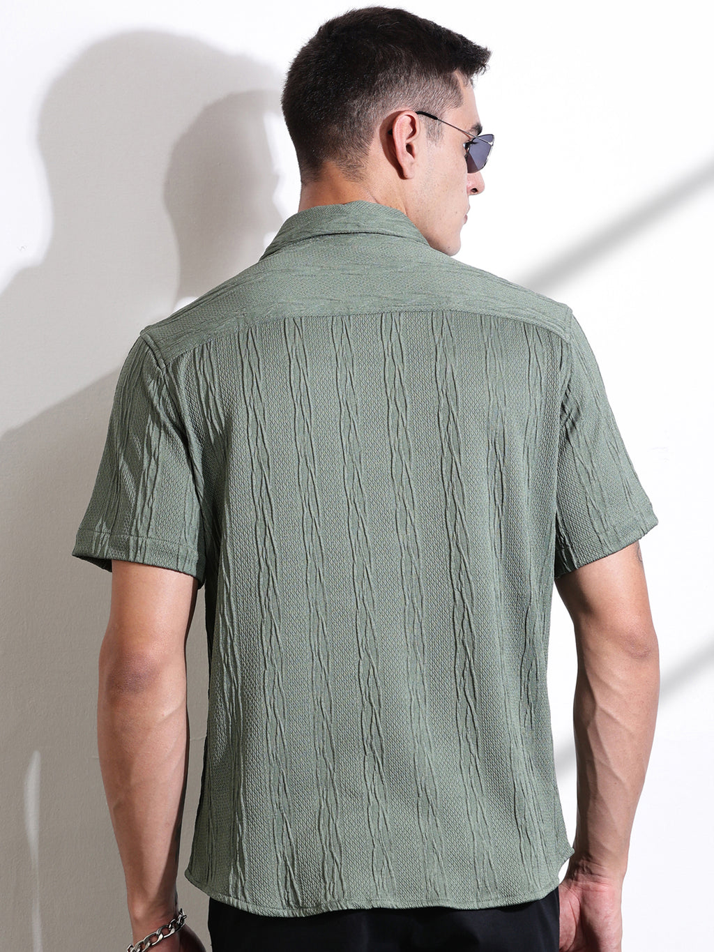 Thomas Scott Men Green Oversized Textured Knitted Casual Shirt