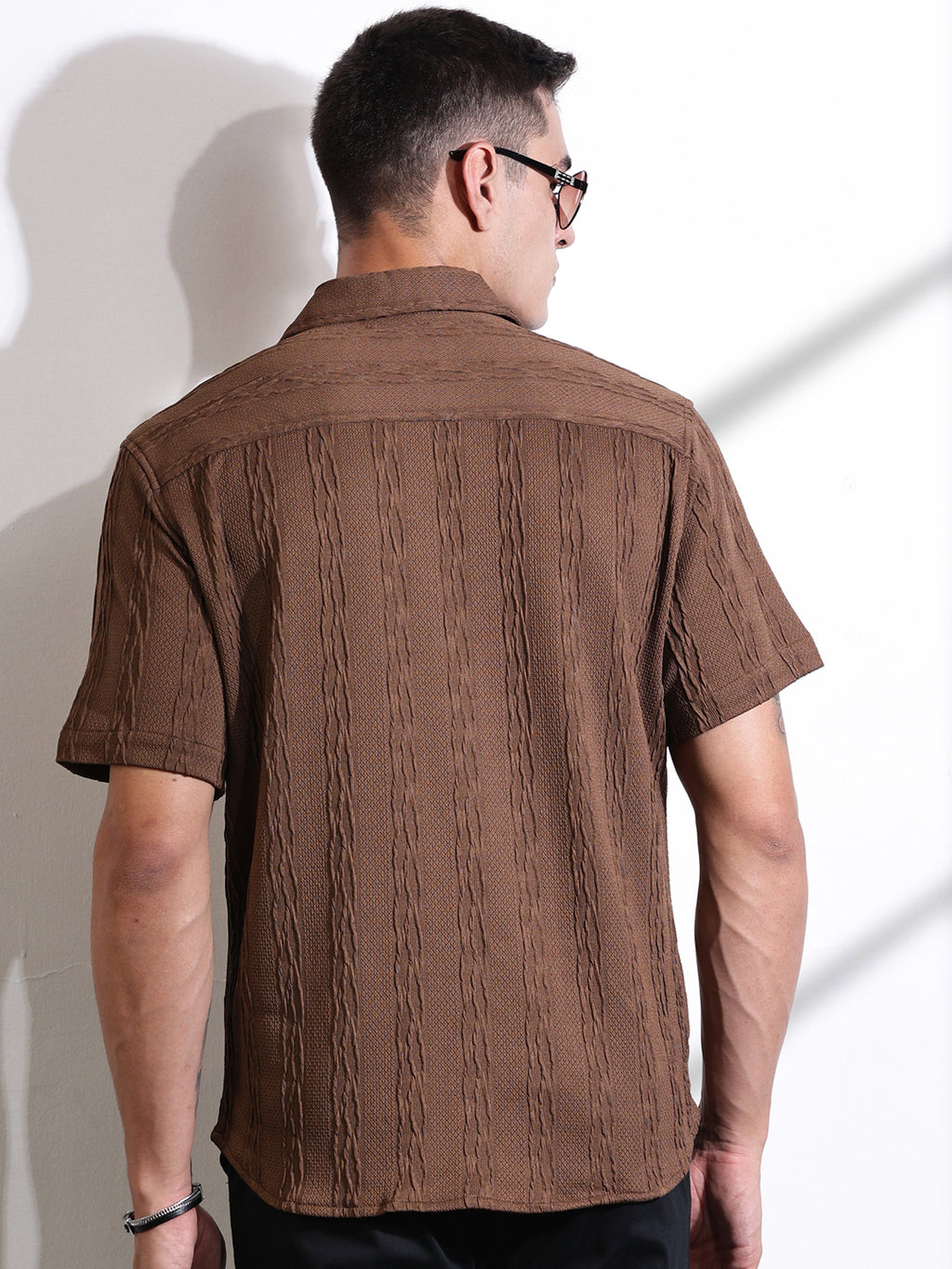 Thomas Scott Men Brown Oversized Textured Knitted Casual Shirt