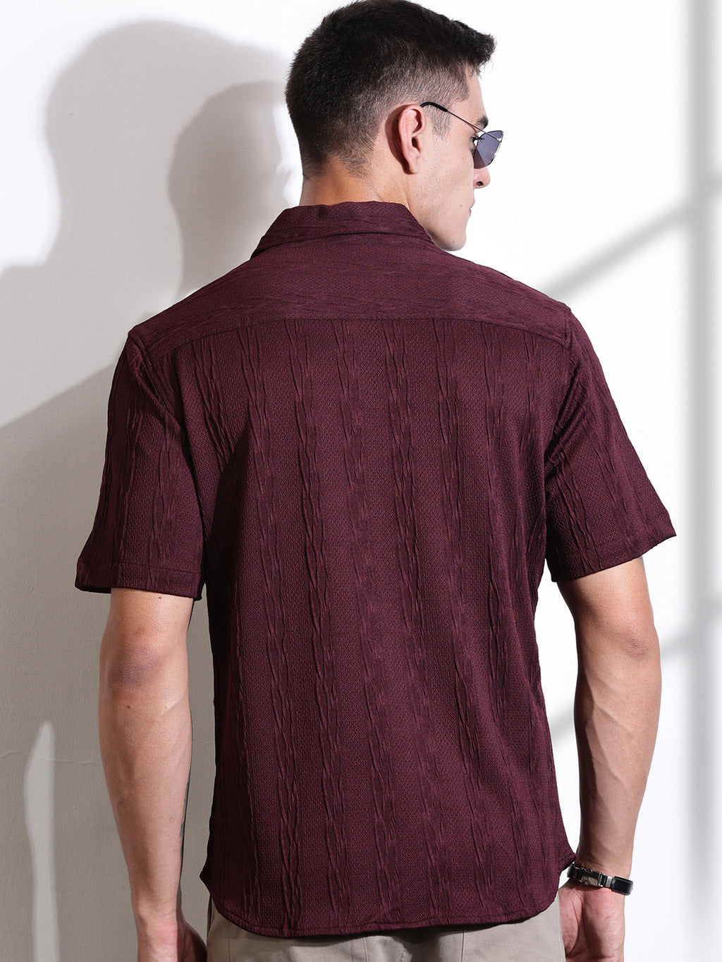 Thomas Scott Men Maroon Oversized Textured Knitted Casual Shirt